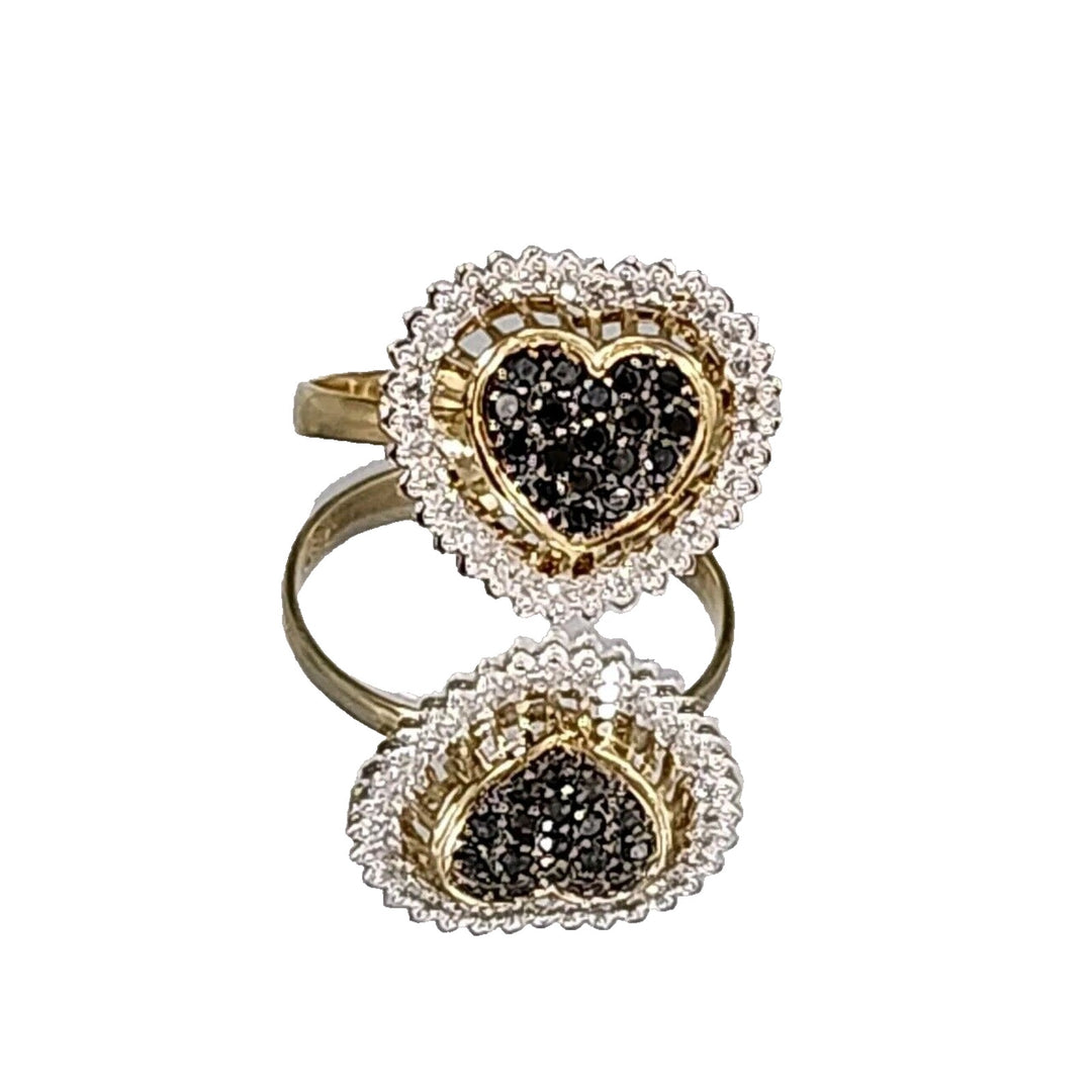 18k Yellow Gold Black &White Diamonds Heart Ring Size 7.25