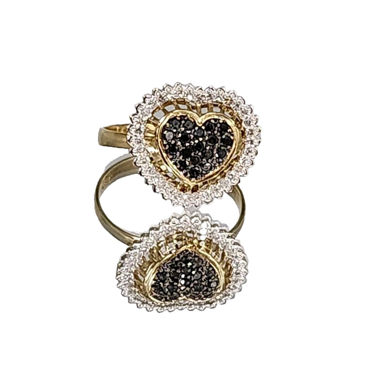 18k Yellow Gold Black &White Diamonds Heart Ring Size 7.25