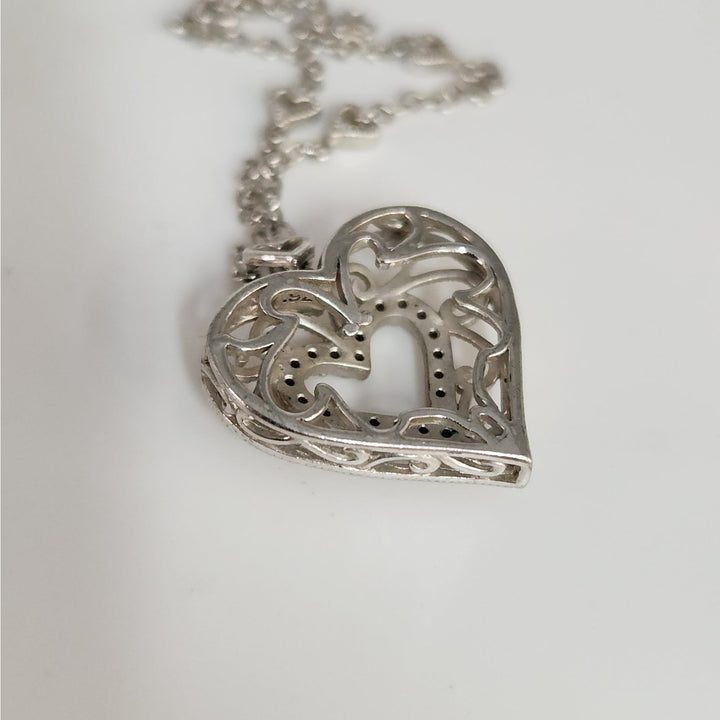 925 Sterling Silver Vintage Filigree Open Heart Pendant Necklace 18"