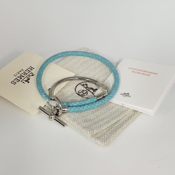 New Hermes Blue Glenan H Link Double Tour Calfskin Size T4 Bracelet