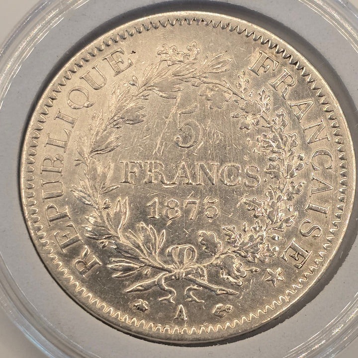 1875-A France 5 Francs Hercules .900 Silver Third Republic Paris Mint