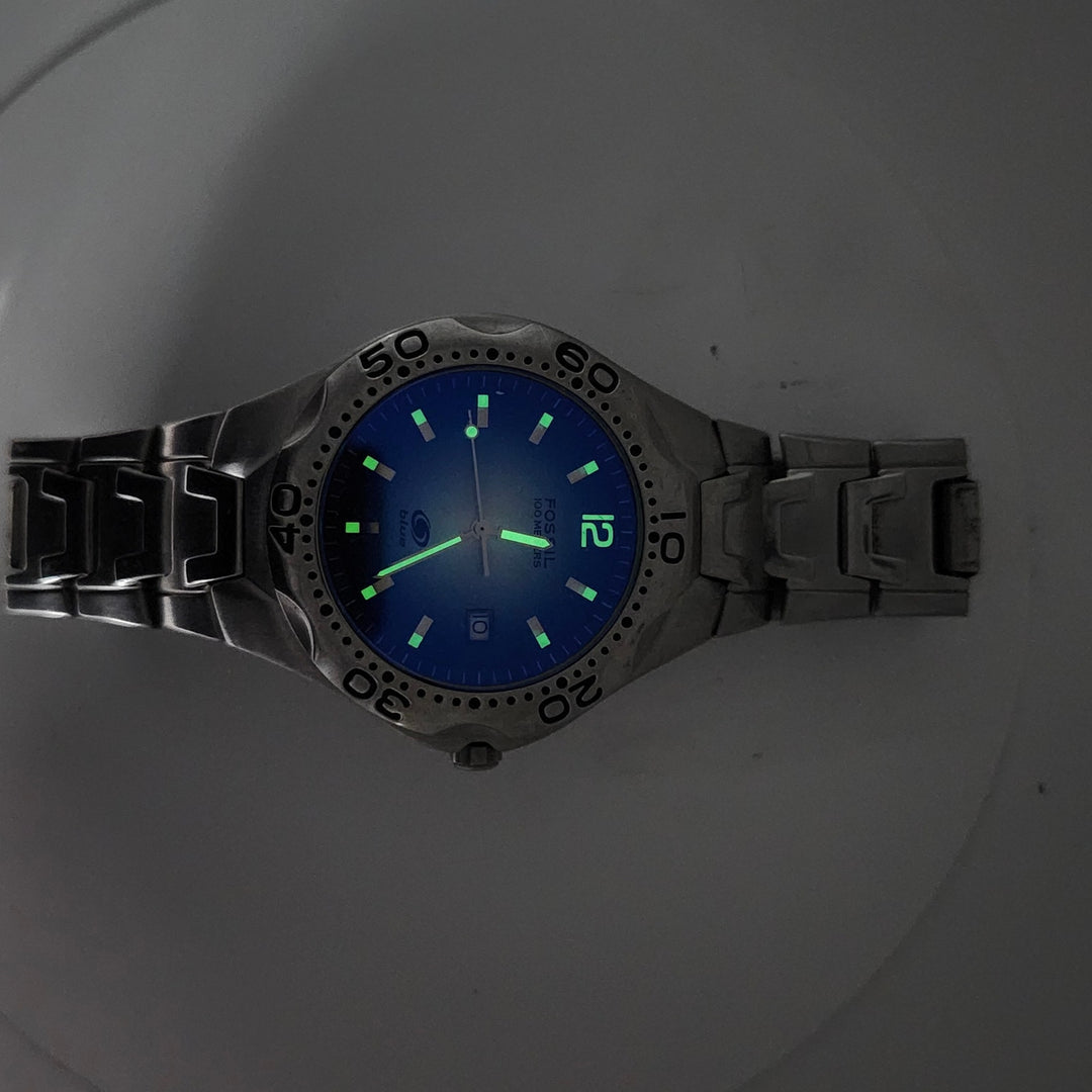 Fossil Blue AM-3520 Men's Stainless Steel 100M Quartz Watch Blue Dial