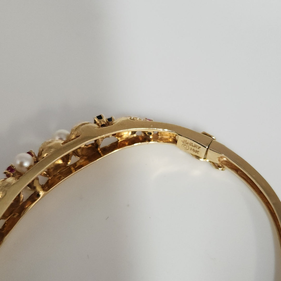 Antique 14k Yellow Gold Pearls,Ruby & Sapphire Bangle Bracelets