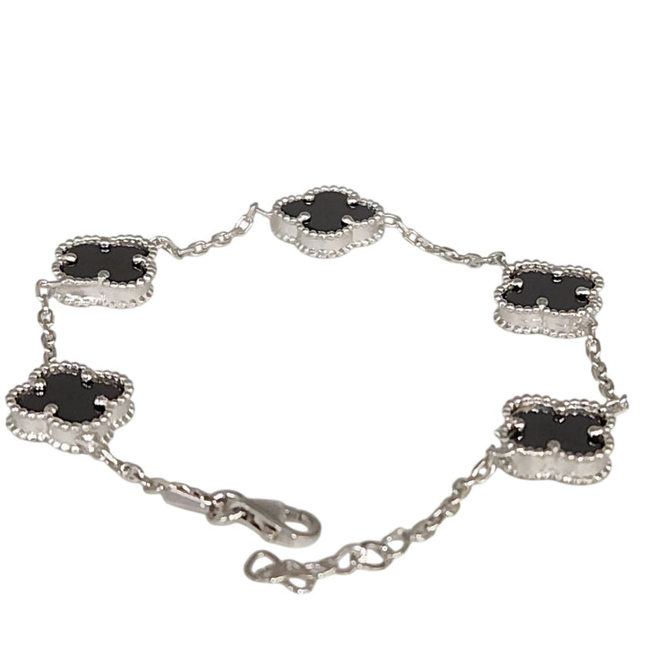 Fashion Silver Onyx Floral Clover Bracelet 8"