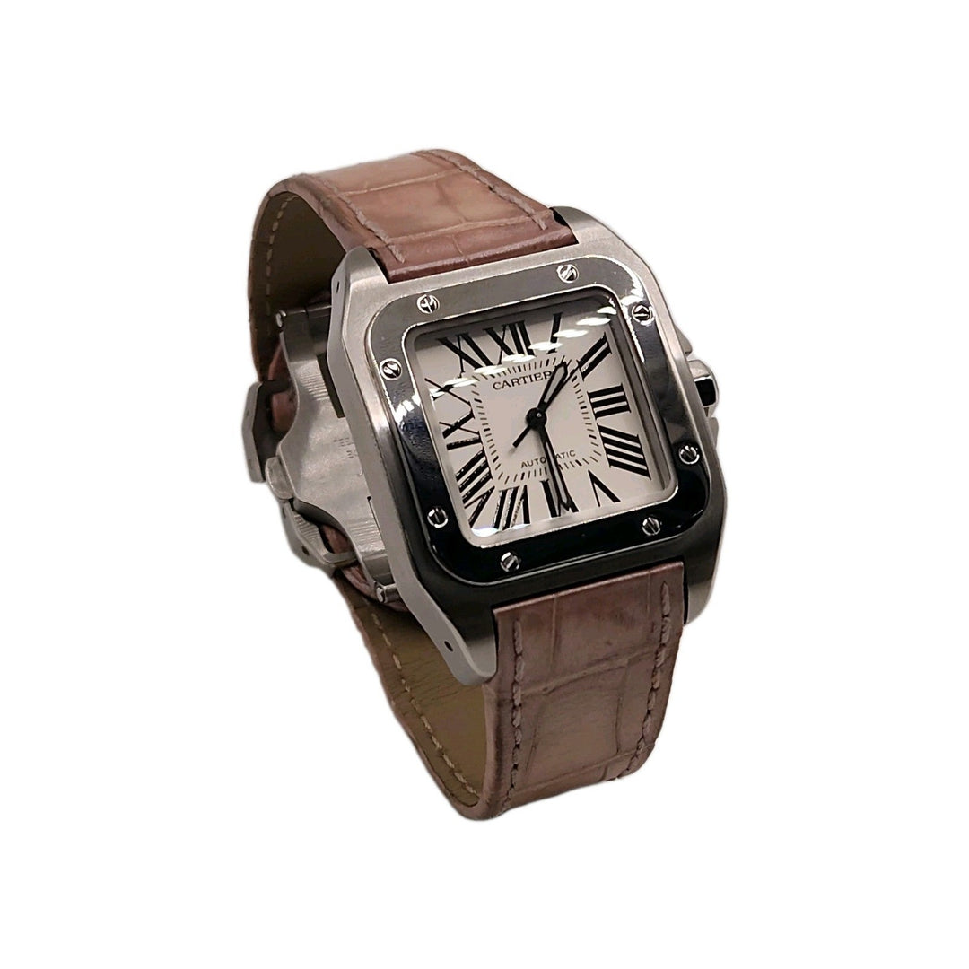 Cartier 36mm Square Pink Leather Band Automatic Stainless Steel Santos 100 W20106X8/ 2878