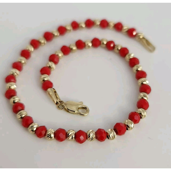 14k Yellow Gold Fashion Red And Gold Beaded Bracelet 7.5"