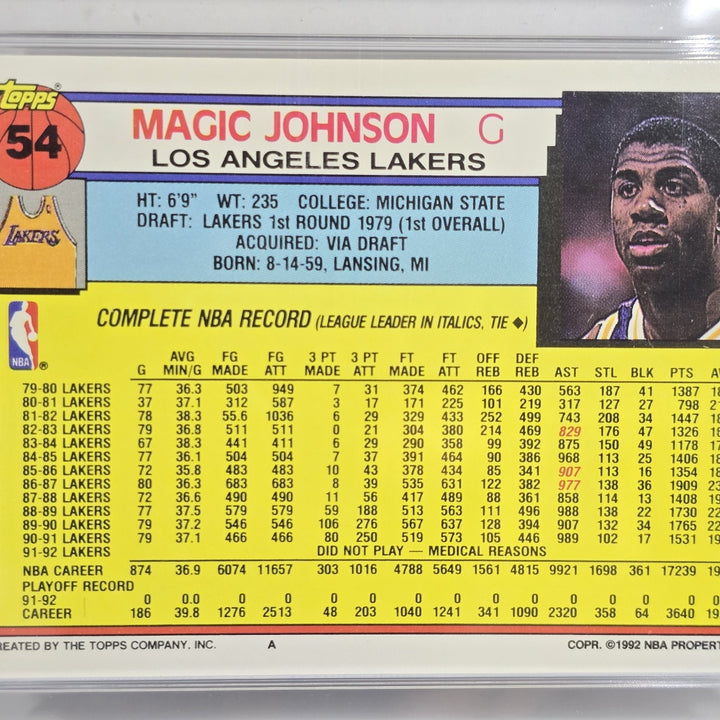 1992 Topps Magic Johnson #54 GMA 8.5 NM MT+ Los Angeles Lakers The Magic Is Back