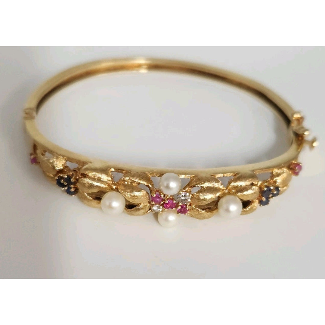 Antique 14k Yellow Gold Diamond,Pearls,Ruby &Sapphire Bangle Bracelets