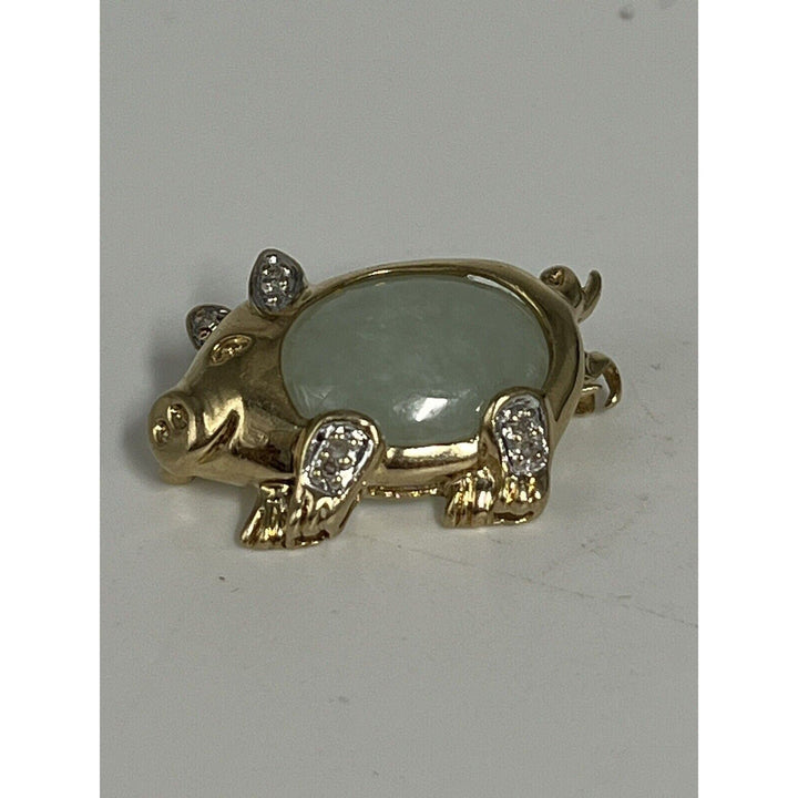 10k Yellow Gold Jade & Diamond Pig Brooch pin And Pendant