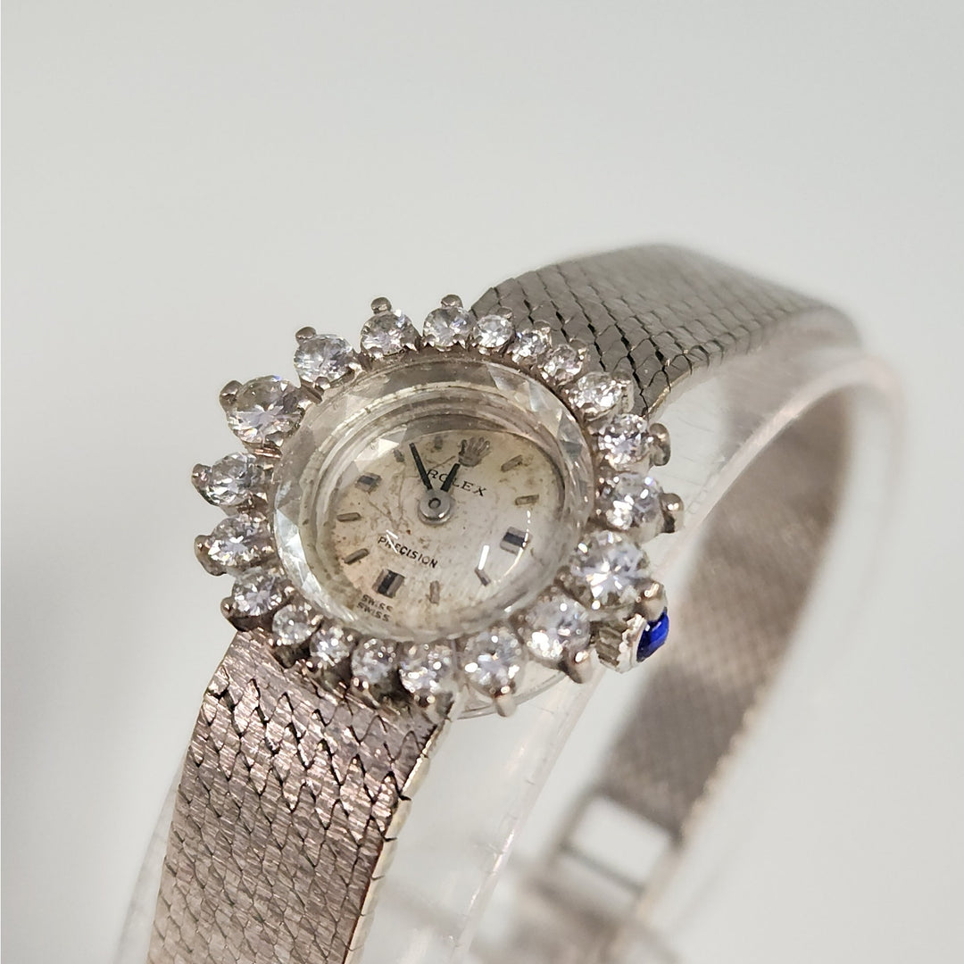 Vintage 18k White Gold Rolex Precision Diamond Halo SS Bracelet ( Not Working)