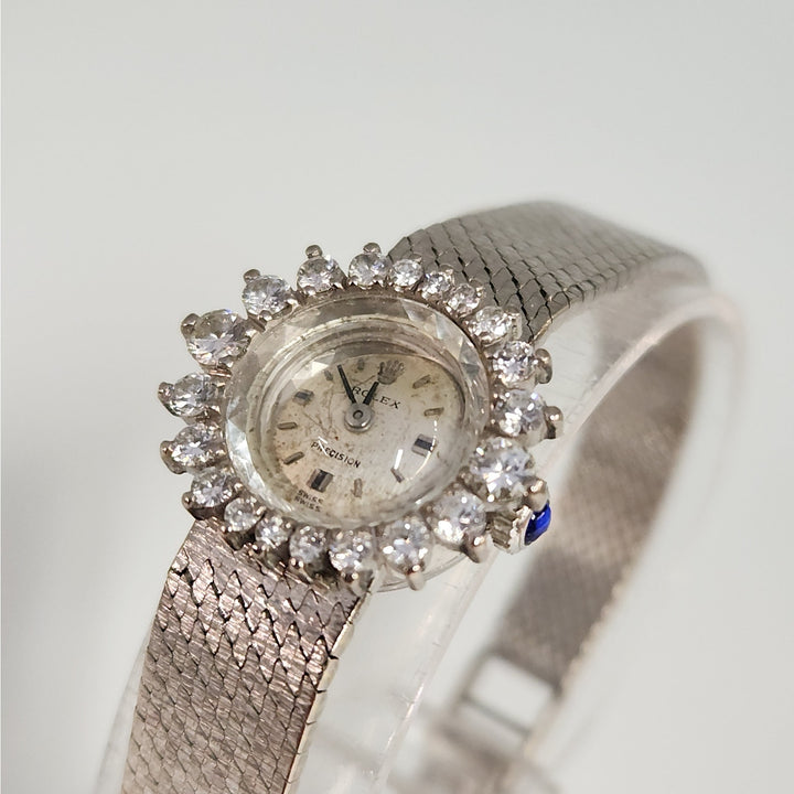 Vintage 18k White Gold Rolex Precision Diamond Halo SS Bracelet ( Not Working)