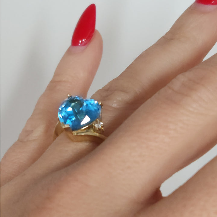 14k Yellow Gold Heart Cut Blue Topaz Ring With Diamond Accent