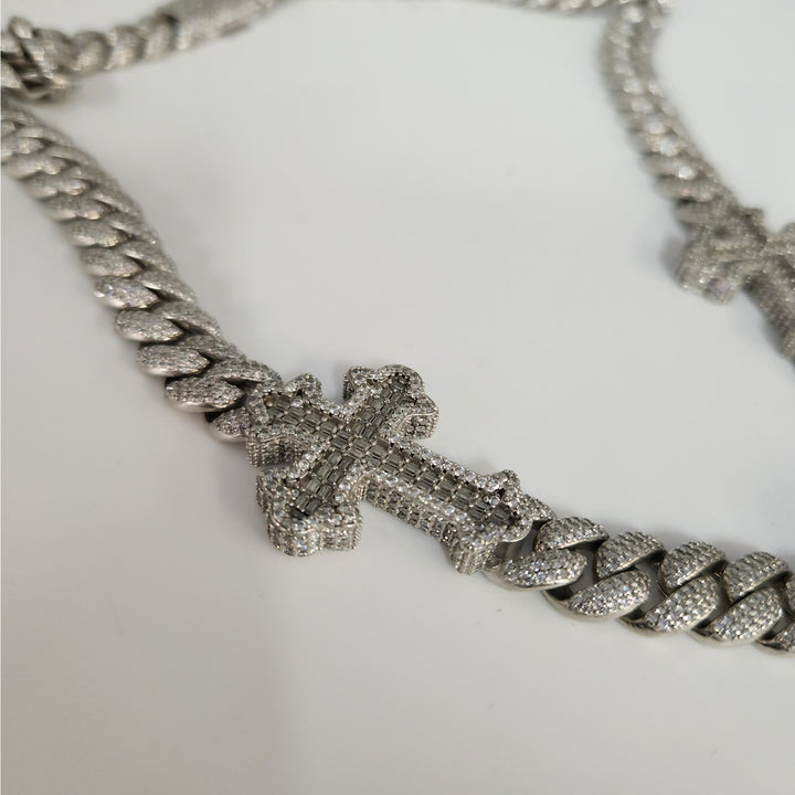 22" 925 Sterling Silver Iced Cuban Link Chain Jesus Head & Double Cross Pendants