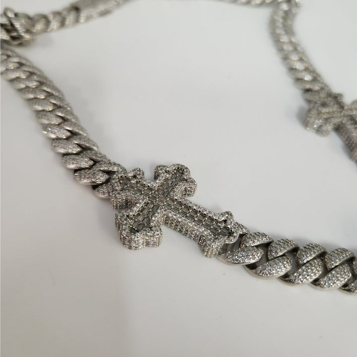 22" 925 Sterling Silver Iced Cuban Link Chain Jesus Head & Double Cross Pendants