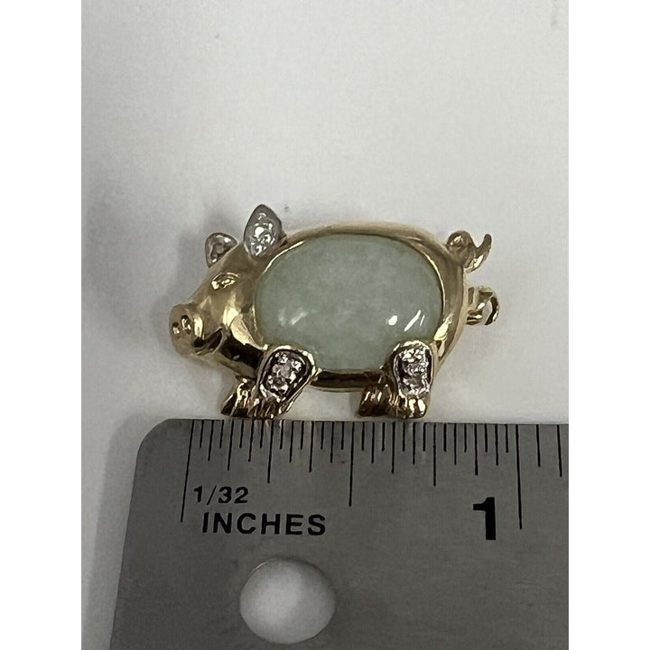 10k Yellow Gold Jade & Diamond Pig Brooch pin And Pendant