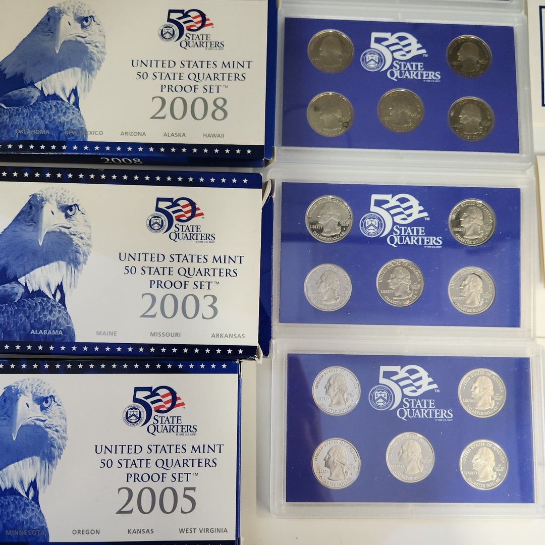 US Mint State Quarter Proof Sets 1999, 2000, 2001, 2003, 2005, 2008