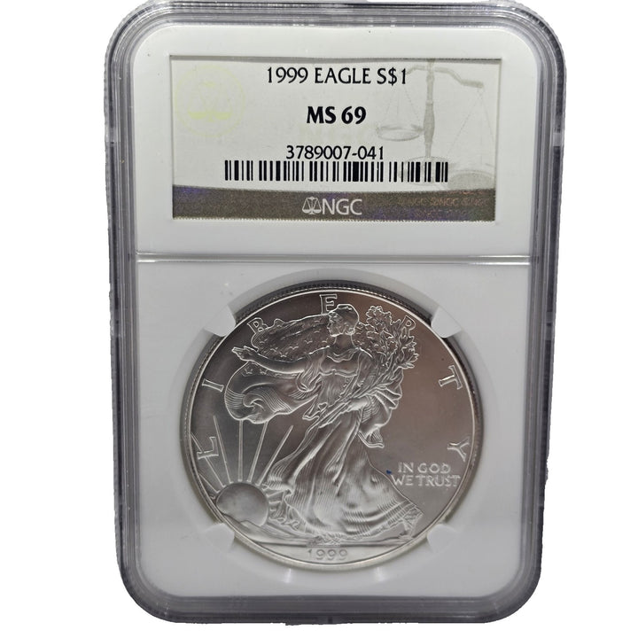 1999 American Silver Eagle, 1 Oz Fine .999 Silver USA Uncirculated $1 NGC MS69