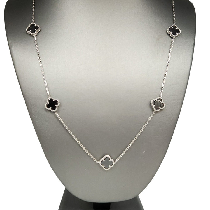 Fashion Silver Onyx Clover Motifs Necklace 22.5"