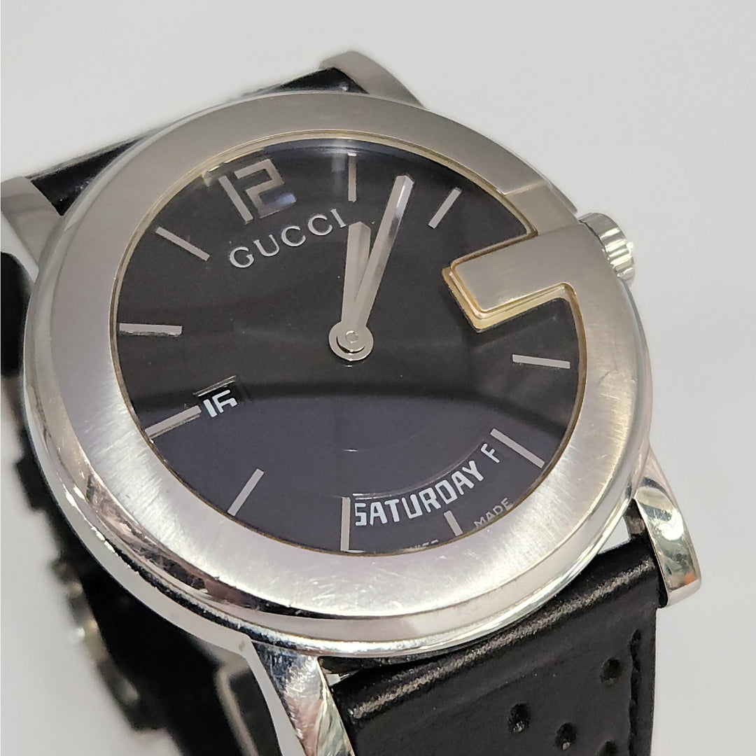 Gucci 101M  Day -Date Watch Black Dial Swiss Made Stainless Steel Leather Strap