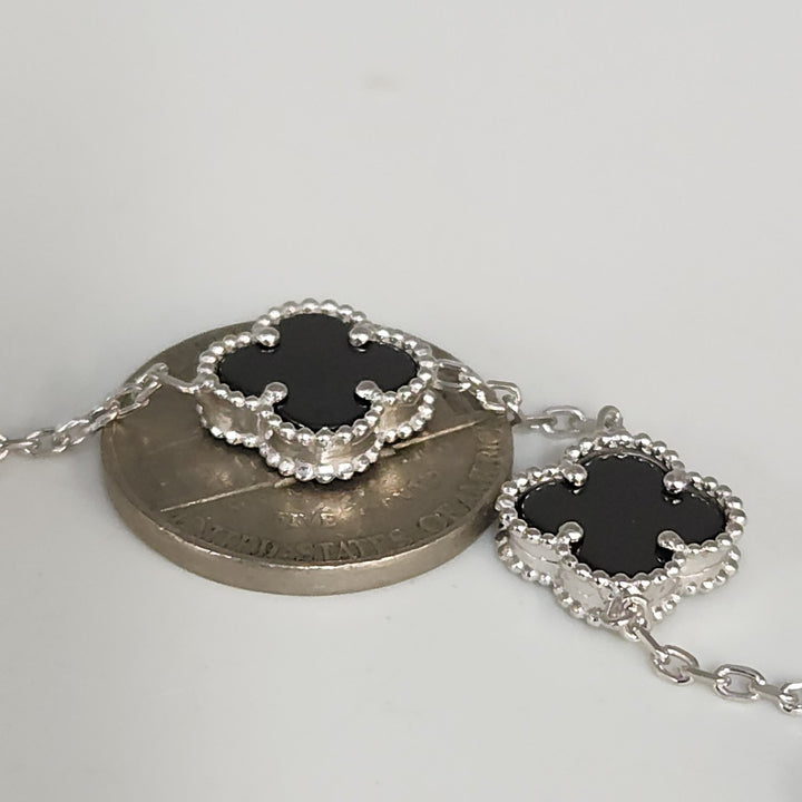 Fashion Silver Onyx Floral Clover Bracelet 8"