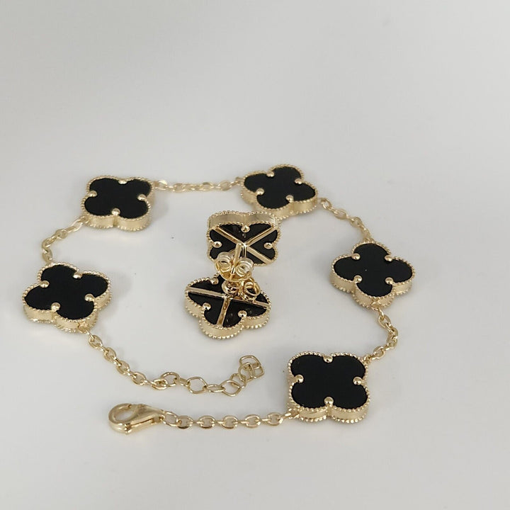 14k Yellow Gold Set Of Onyx Clover Flowers Bracelet 7.5" And Earrings