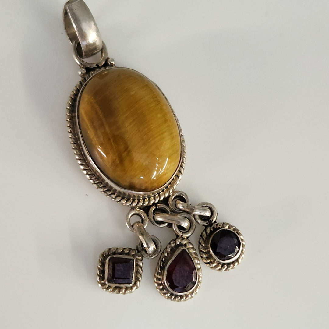 Vintage 925 Silver Golden Tiger's Eye Boho & Natural Garnet Dangle Pendant