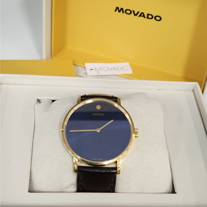 Movado Museum Classic Swiss Made Watch Blue Dial Gold -Tone Case, Brown Leather Strap Box & Tag