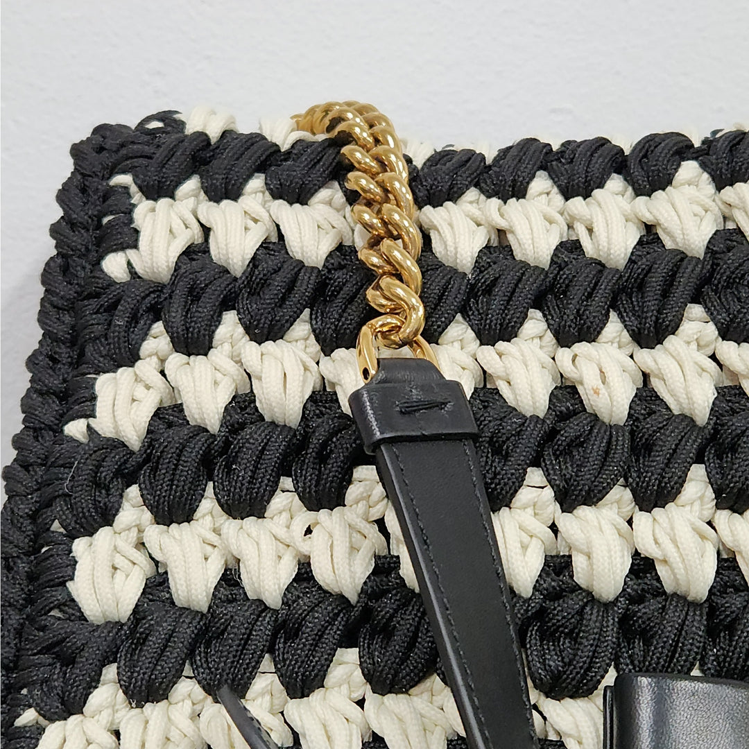 Ferragamo black & white handwoven shoulder bag  gold chain strap signature bow