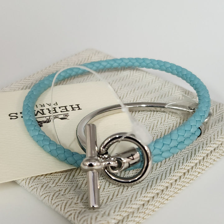 New Hermes Blue Glenan H Link Double Tour Calfskin Size T4 Bracelet