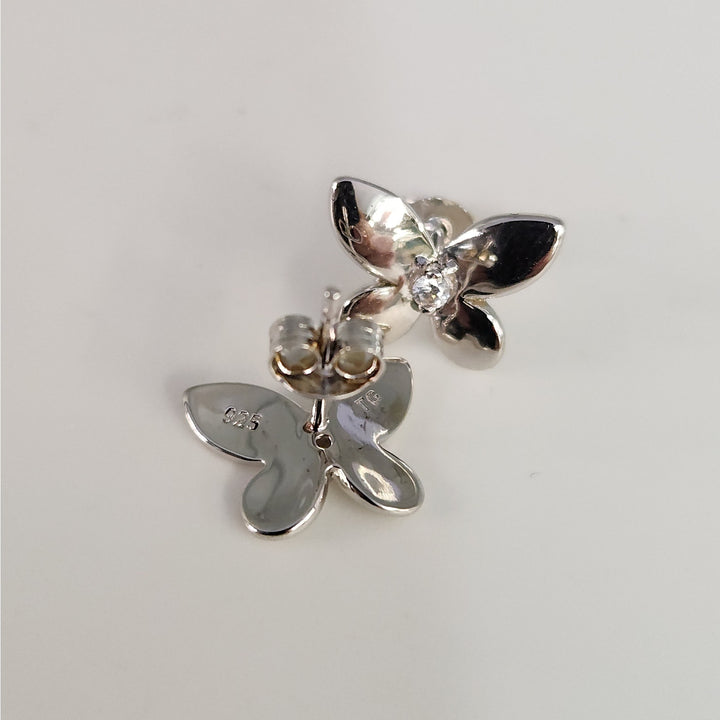 925 Sterling Silver Floral Butterfly design Stud Earrings with CZ accent