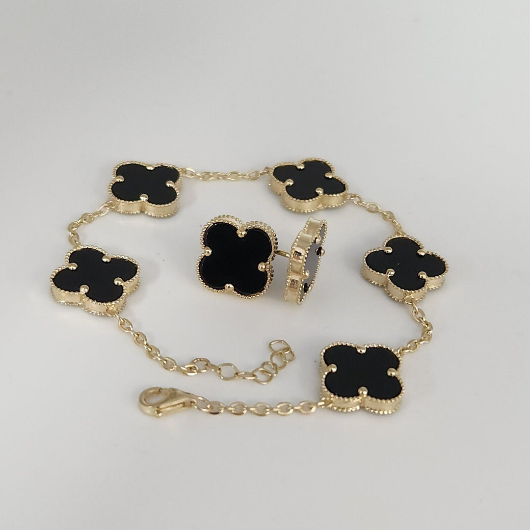 14k Yellow Gold Set Of Onyx Clover Flowers Bracelet 7.5" And Earrings