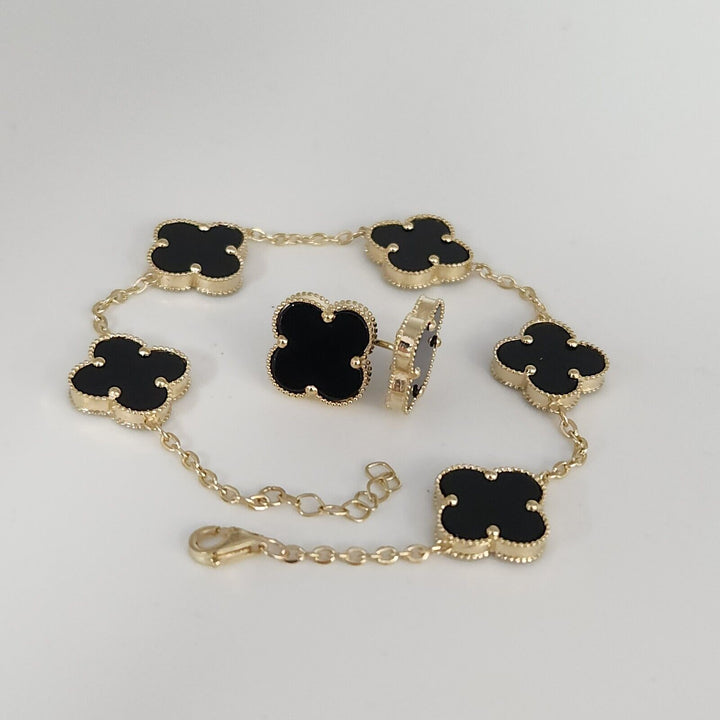 14k Yellow Gold Set Of Onyx Clover Flowers Bracelet 7.5" And Earrings