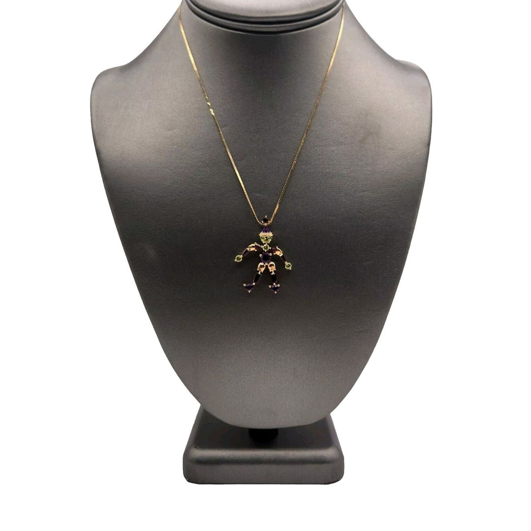 Whimsical 14k Yellow Gold Jester Natural Gemstones Pendant Necklace 16"