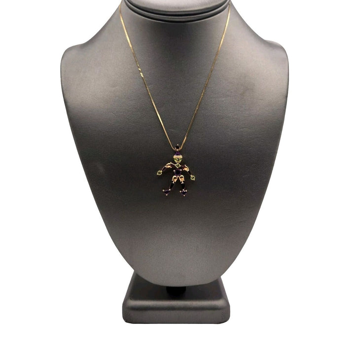 Whimsical 14k Yellow Gold Jester Natural Gemstones Pendant Necklace 16"
