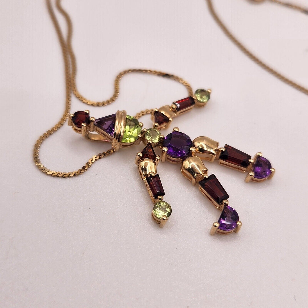 Whimsical 14k Yellow Gold Jester Natural Gemstones Pendant Necklace 16"