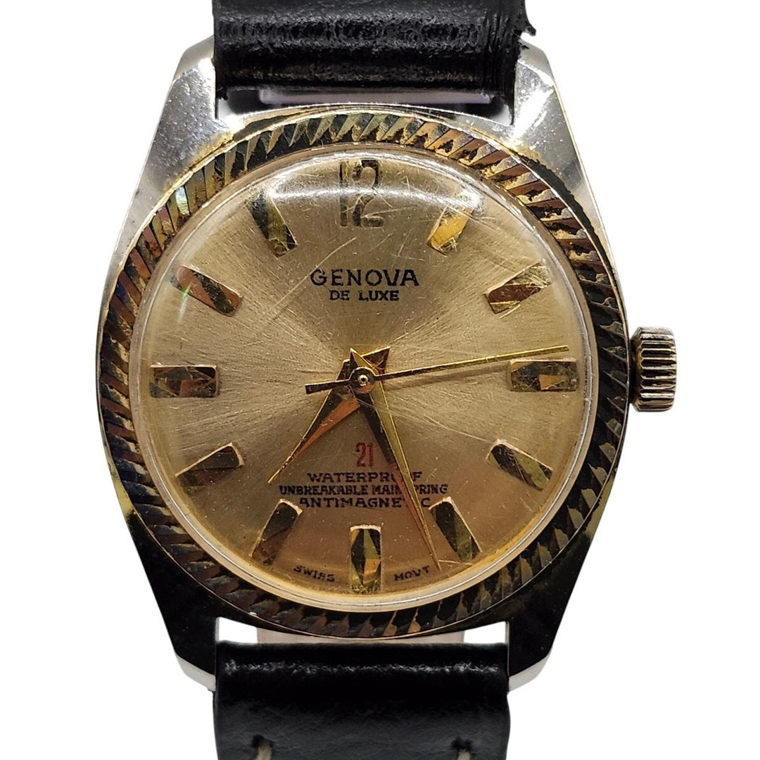 Genova De Luxe 21 Jewels Mechanical Watch Fluted Bezel & Black Leather Strap