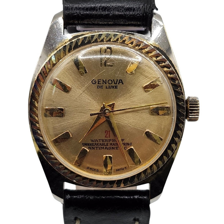 Genova De Luxe 21 Jewels Mechanical Watch Fluted Bezel & Black Leather Strap