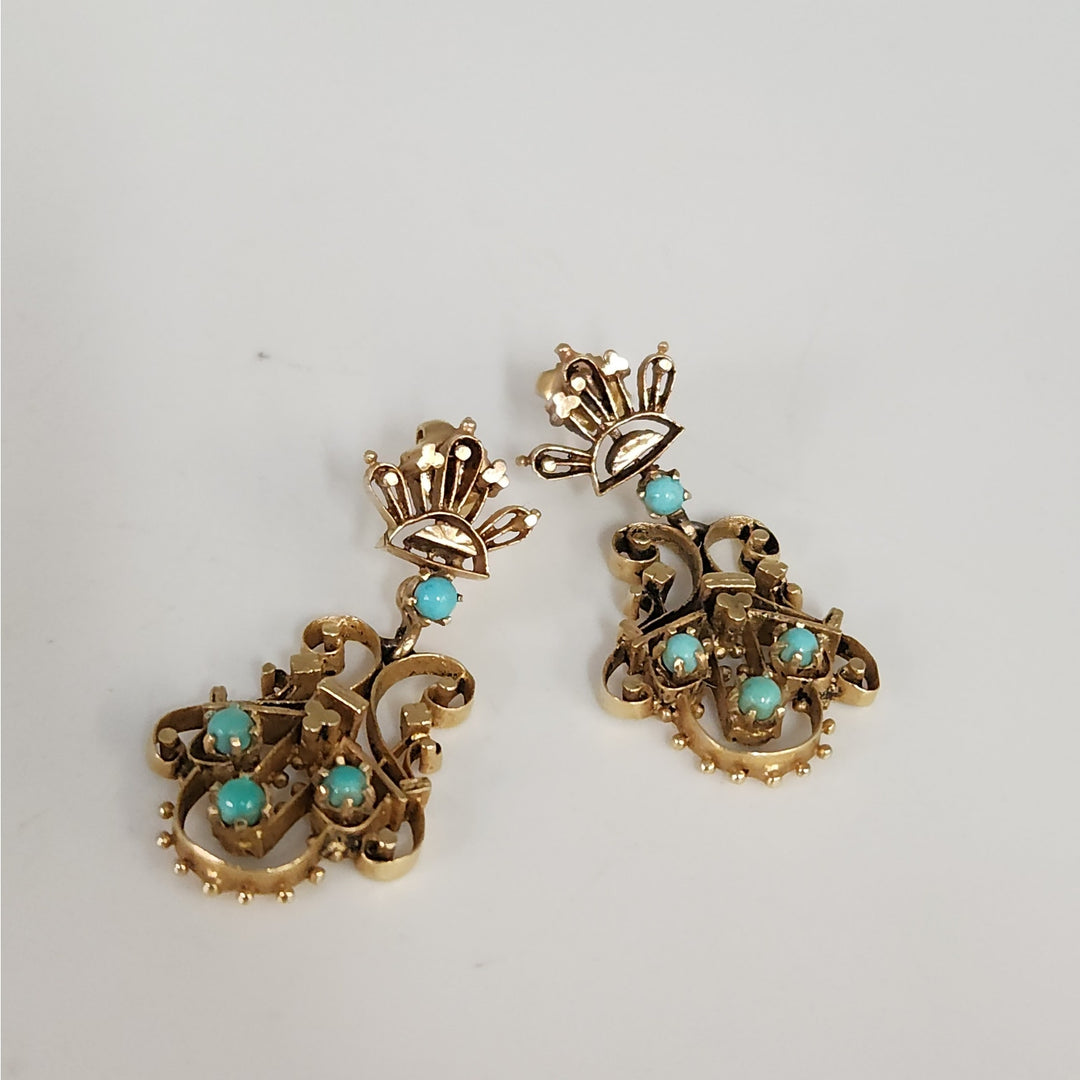Vintage 14k Yellow Gold & blue Turquoise chandelier Stud Earrings