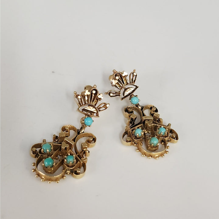 Vintage 14k Yellow Gold & blue Turquoise chandelier Stud Earrings