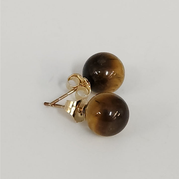 14k Yellow Gold Tiger's Eye Round Ball Stud Earrings