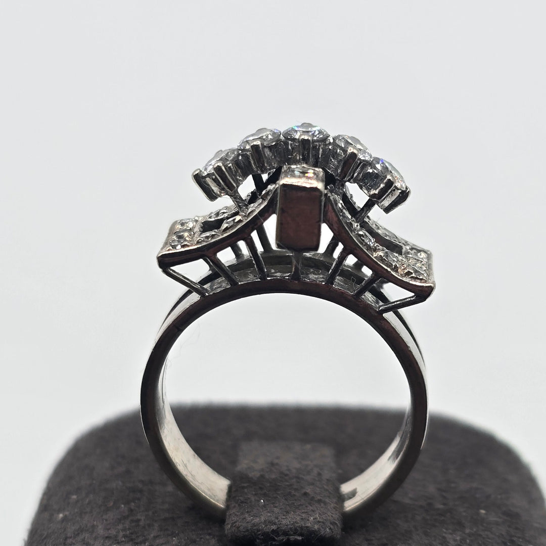 9K White Gold Multi-Diamond Ring Round & Baguette Diamonds Size 5.5