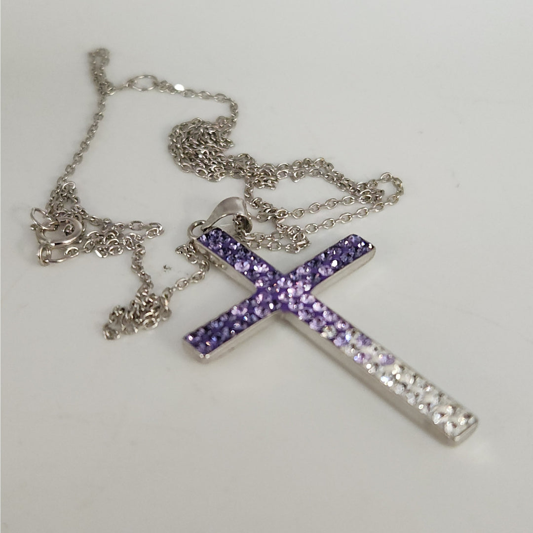 925 Sterling Silver Purple & White Crystal Cross Pendant Necklace18"