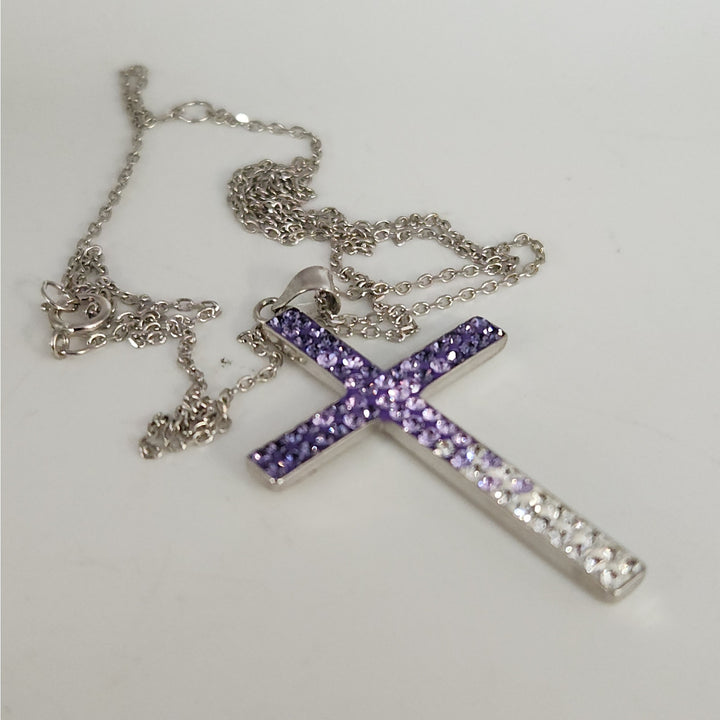 925 Sterling Silver Purple & White Crystal Cross Pendant Necklace18"
