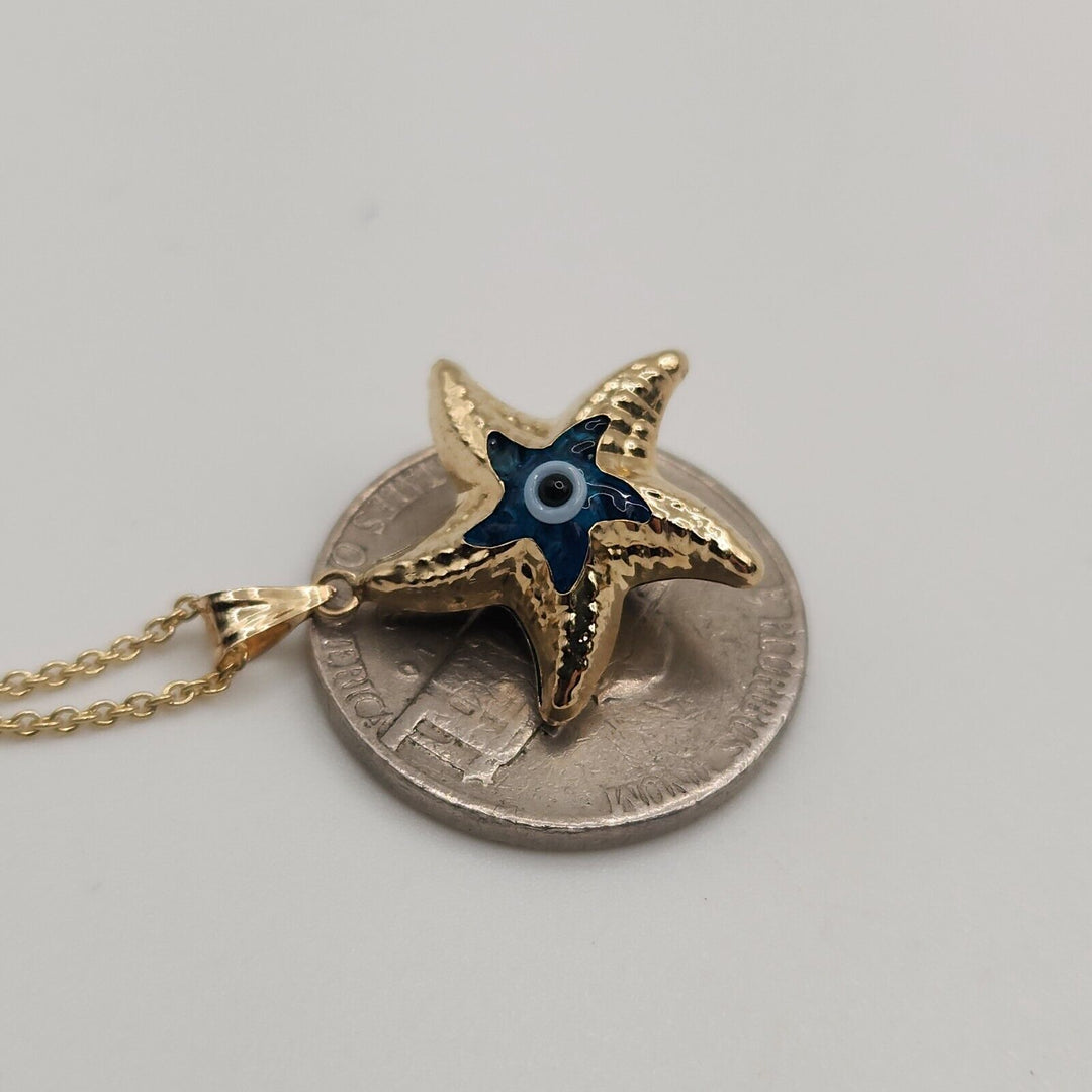 14k Yellow Gold Blue Evil Eye Star Goodluck Pendant Necklace 18"