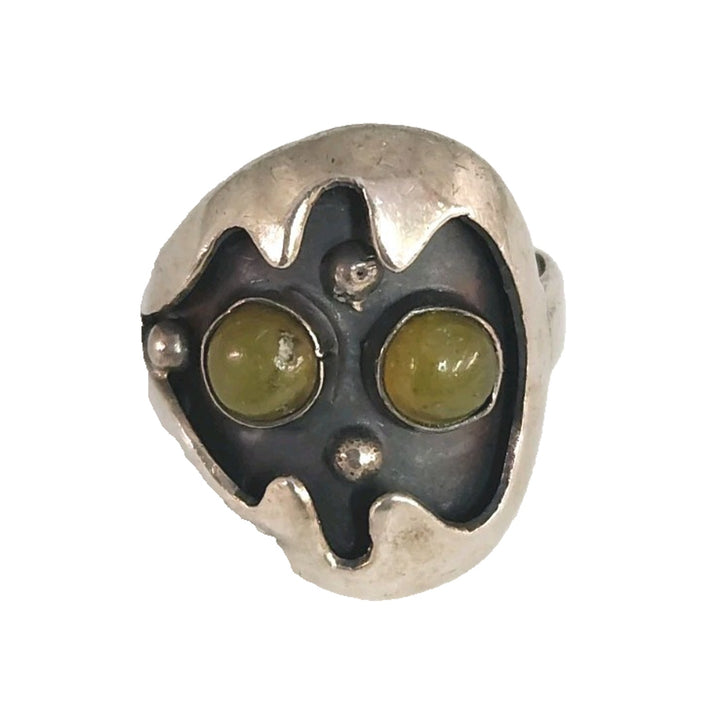 Artisan Sterling Silver Mask Ring set With Dual Green Aventurine Cabochons Stone