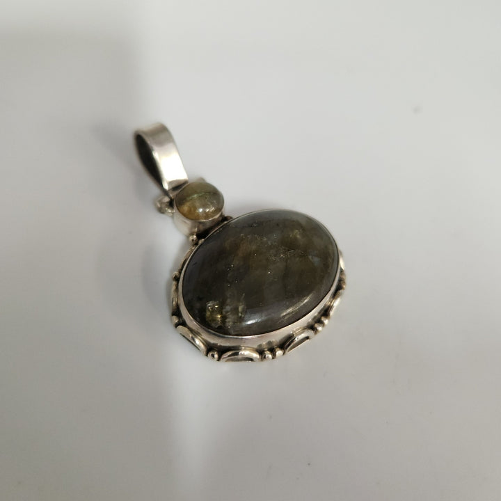925 Sterling Silver Labradorite And Yellow Tourmaline Pendant Artisan Vintage