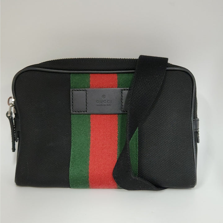 Authentic Gucci Cross Body Bag Green Red Techno Canvas Belt