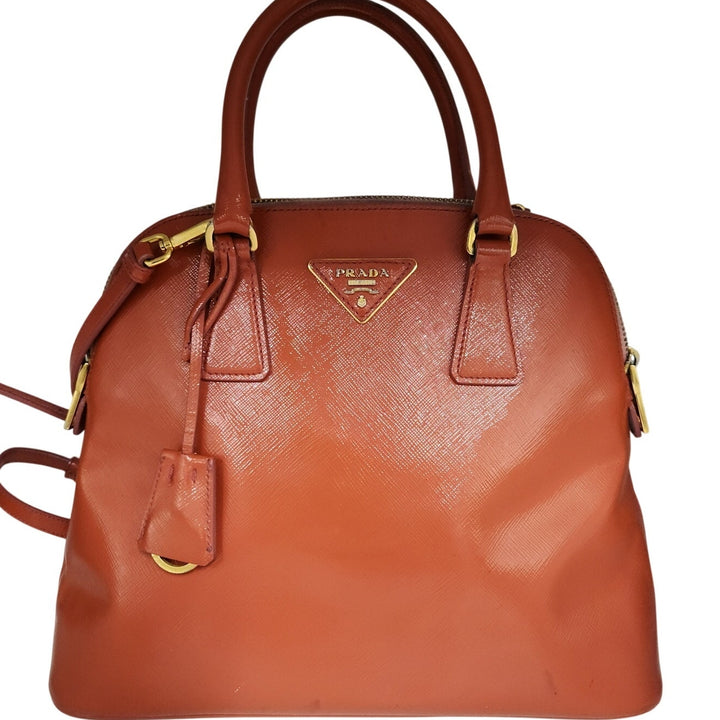 Authentic Prada Orange Saffiano Vernic Handbag w/ Gold Hardware & Shoulder Strap