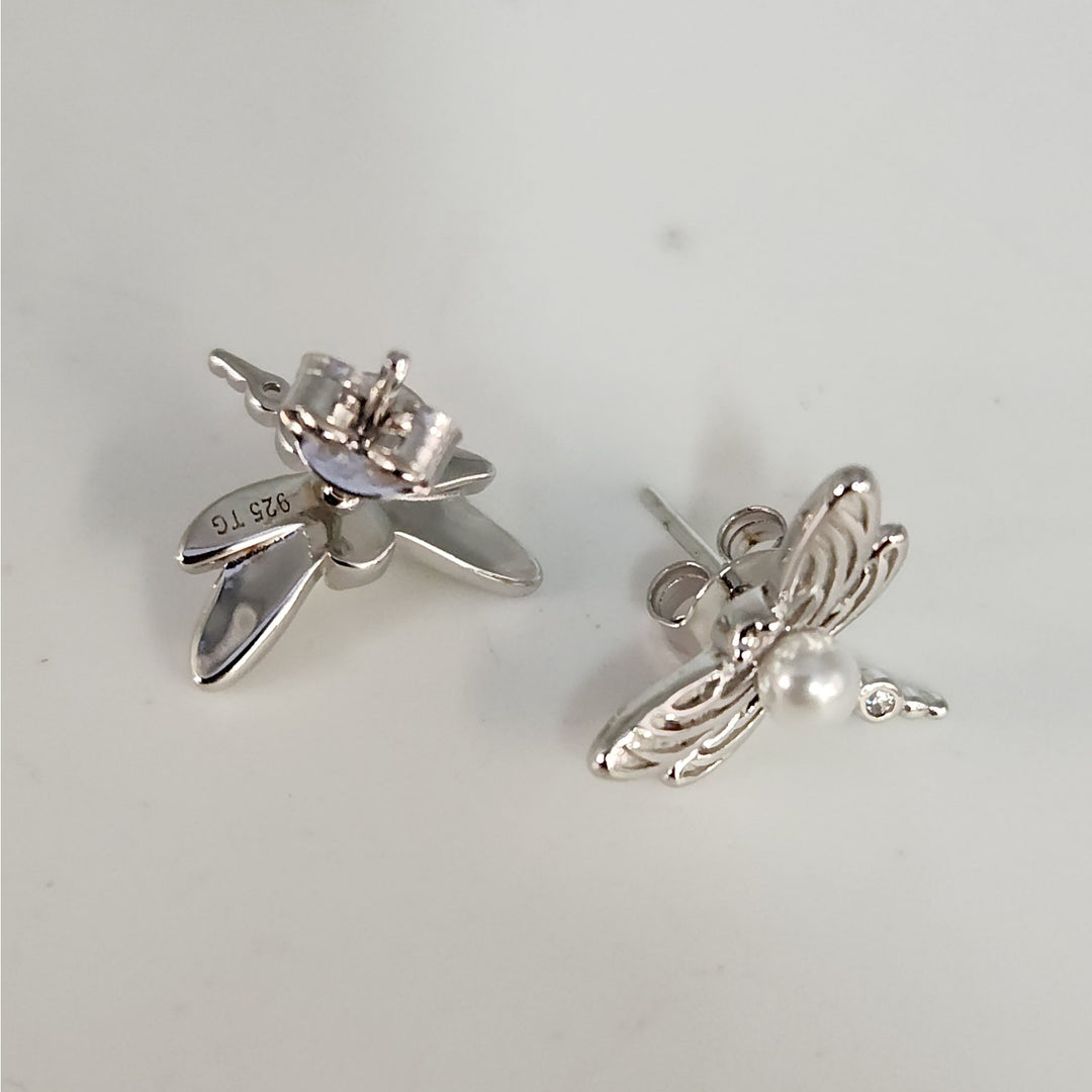 925 Sterling Silver Dragonfly Pearl stud earrings nature inspired vintage style