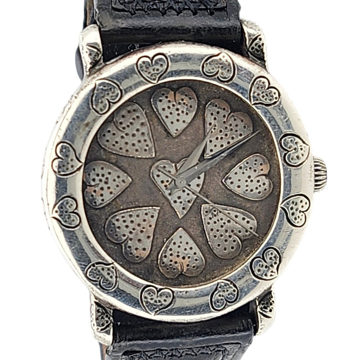 John Hardy Sterling Silver Heart Pattern Black Leather Quartz Watch